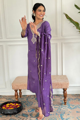 Purple Nylon Chanderi Embroidery Kurta Set_Kumari Sarees