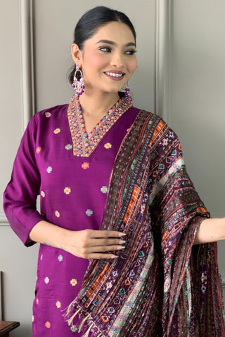 Purple Viscose Chanderi Chinon Embroidery Kurta Set_Kumari Sarees
