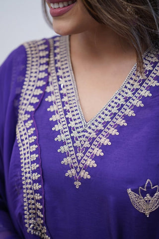 Purple Cotton Chanderi Embroidered Kurta Set_Kumari Sarees