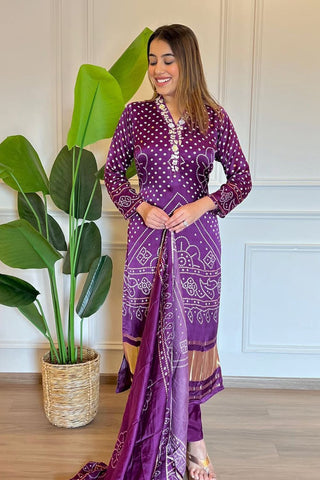 Purple Viscose Position Printed & Embroidered Kurta Set