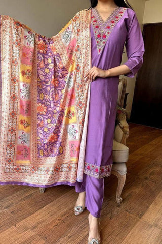 Purple Viscose Chanderi With Embroidered Kurta Set_Kumari Sarees