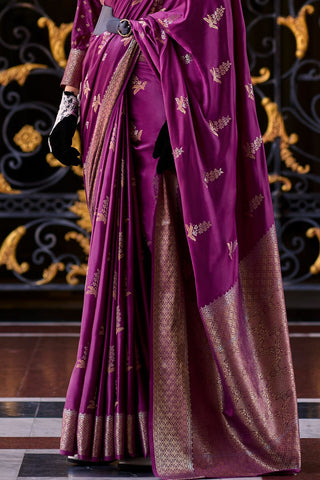 Purple Pure Satin Silk Crepe Saree_Kumari Sarees