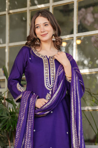 Purple Viscose Chanderi Jacqurad Embroidery Kurta Set_Kumari Sarees