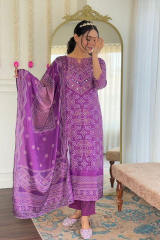 Purple Viscose Gadhwal Chinon Embroidery Kurta Set