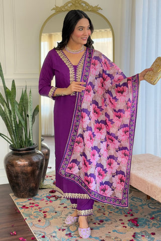 Purple Viscose Slub Embroidery Kurta Set_Kumari Sarees