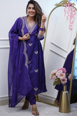 Purple Cotton Chanderi Embroidered Kurta Set_Kumari Sarees