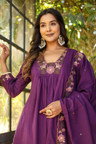 Purple Soft Rayon Slub Embroidered With Flared Kurta Set_Kumari Sarees