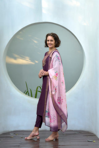 Purple Organza Butti With Embroidery Kurta Set_Kumari Sarees