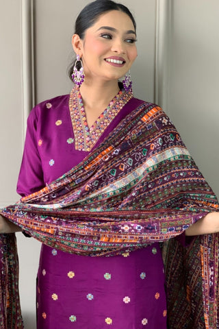 Purple Viscose Chanderi Chinon Embroidery Kurta Set_Kumari Sarees