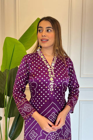 Purple Viscose Position Printed & Embroidered Kurta Set
