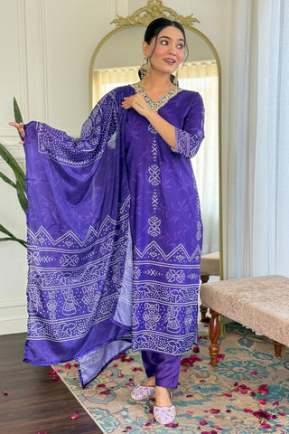 Purple Viscose Gadhwal France Crepe Chinon Embroidery Kurta Set_Kumari Sarees
