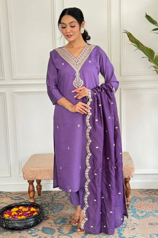Purple Nylon Chanderi Embroidery Kurta Set_Kumari Sarees