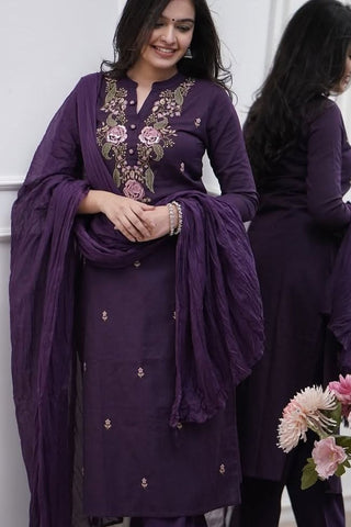 Purple Viscose With Embroidery Kurta Set_Kumari Sarees