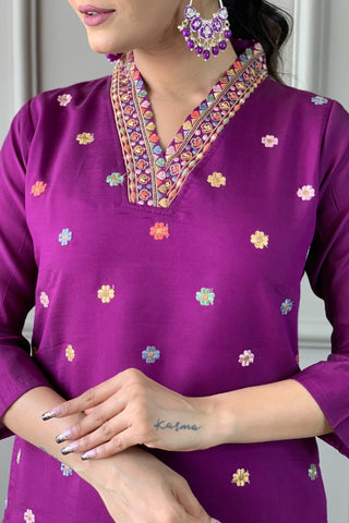 Purple Viscose Chanderi Chinon Embroidery Kurta Set_Kumari Sarees