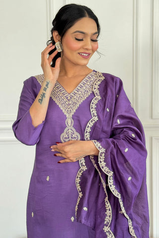 Purple Nylon Chanderi Embroidery Kurta Set_Kumari Sarees
