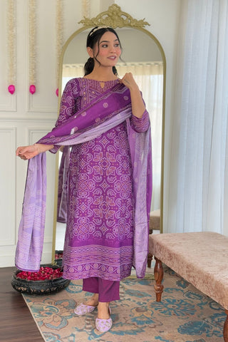 Purple Viscose Gadhwal Chinon Embroidery Kurta Set
