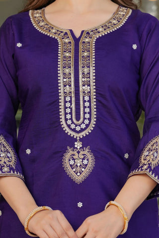 Purple Viscose Chanderi Jacqurad Embroidery Kurta Set_Kumari Sarees