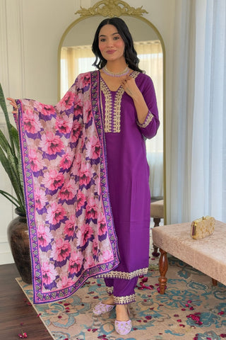 Purple Viscose Slub Embroidery Kurta Set_Kumari Sarees