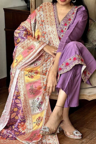 Purple Viscose Chanderi With Embroidered Kurta Set_Kumari Sarees