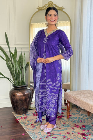 Purple Viscose Gadhwal France Crepe Chinon Embroidery Kurta Set_Kumari Sarees