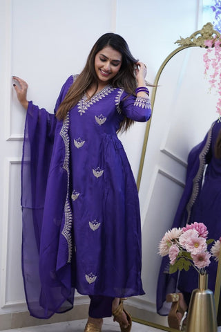 Purple Cotton Chanderi Embroidered Kurta Set_Kumari Sarees