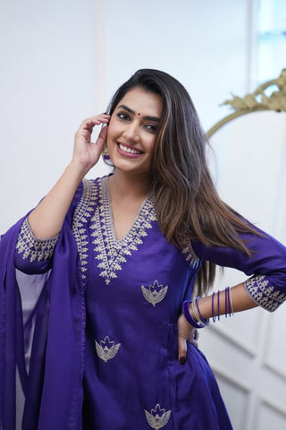 Purple Cotton Chanderi Embroidered Kurta Set_Kumari Sarees