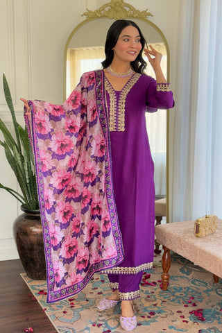 Purple Viscose Slub Embroidery Kurta Set_Kumari Sarees