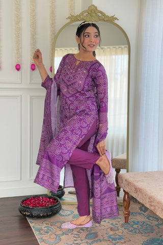 Purple Viscose Gadhwal Chinon Embroidery Kurta Set