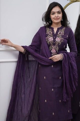 Purple Viscose With Embroidery Kurta Set_Kumari Sarees