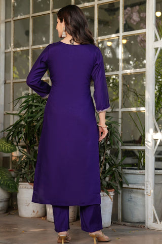 Purple Viscose Chanderi Jacqurad Embroidery Kurta Set_Kumari Sarees