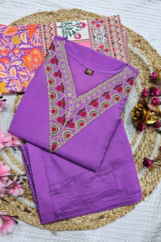 Purple Viscose Chanderi With Embroidered Kurta Set_Kumari Sarees