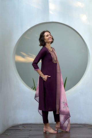 Purple Organza Butti With Embroidery Kurta Set_Kumari Sarees