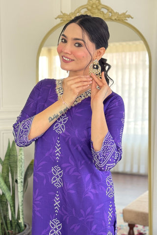 Purple Viscose Gadhwal France Crepe Chinon Embroidery Kurta Set_Kumari Sarees