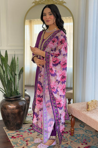 Purple Viscose Slub Embroidery Kurta Set_Kumari Sarees