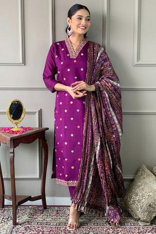 Purple Viscose Chanderi Chinon Embroidery Kurta Set_Kumari Sarees
