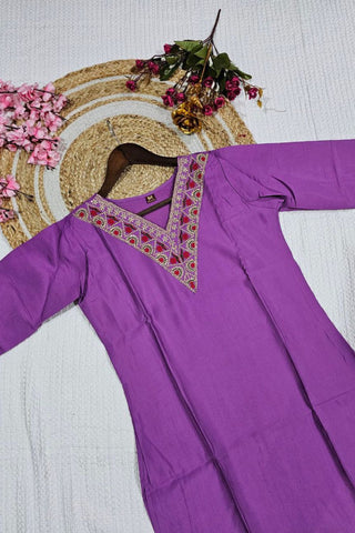 Purple Viscose Chanderi With Embroidered Kurta Set_Kumari Sarees