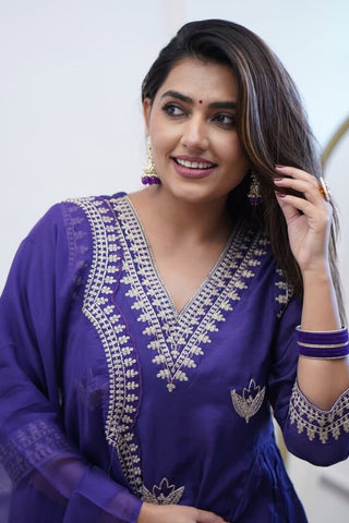 Purple Cotton Chanderi Embroidered Kurta Set_Kumari Sarees