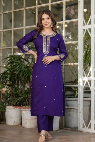 Purple Viscose Chanderi Jacqurad Embroidery Kurta Set_Kumari Sarees
