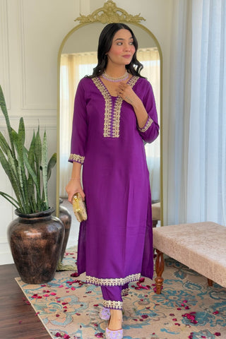 Purple Viscose Slub Embroidery Kurta Set_Kumari Sarees