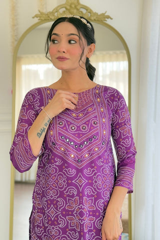 Purple Viscose Gadhwal Chinon Embroidery Kurta Set