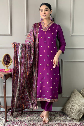 Purple Viscose Chanderi Chinon Embroidery Kurta Set