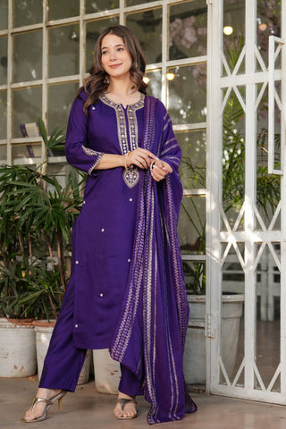 Purple Viscose Chanderi Jacqurad Embroidery Kurta Set_Kumari Sarees