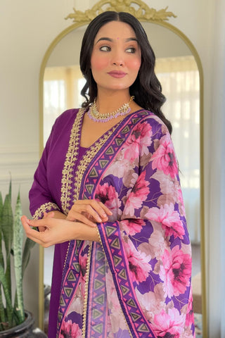Purple Viscose Slub Embroidery Kurta Set_Kumari Sarees