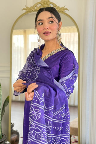 Purple Viscose Gadhwal France Crepe Chinon Embroidery Kurta Set_Kumari Sarees