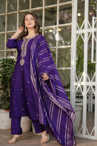 Purple Viscose Chanderi Jacqurad Embroidery Kurta Set_Kumari Sarees