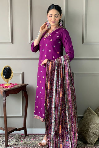 Purple Viscose Chanderi Chinon Embroidery Kurta Set_Kumari Sarees