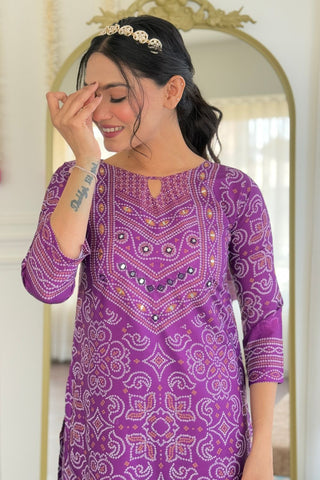 Purple Viscose Gadhwal Chinon Embroidery Kurta Set