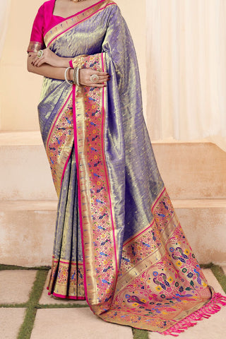 Purple Pure Paithani Tissue Silk With Zari Border Saree