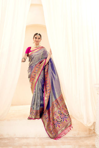 Purple Pure Paithani Tissue Silk With Zari Border Saree