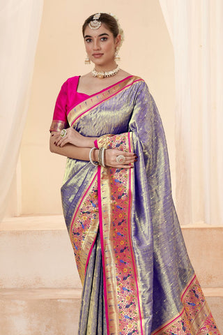 Purple Pure Paithani Tissue Silk With Zari Border Saree